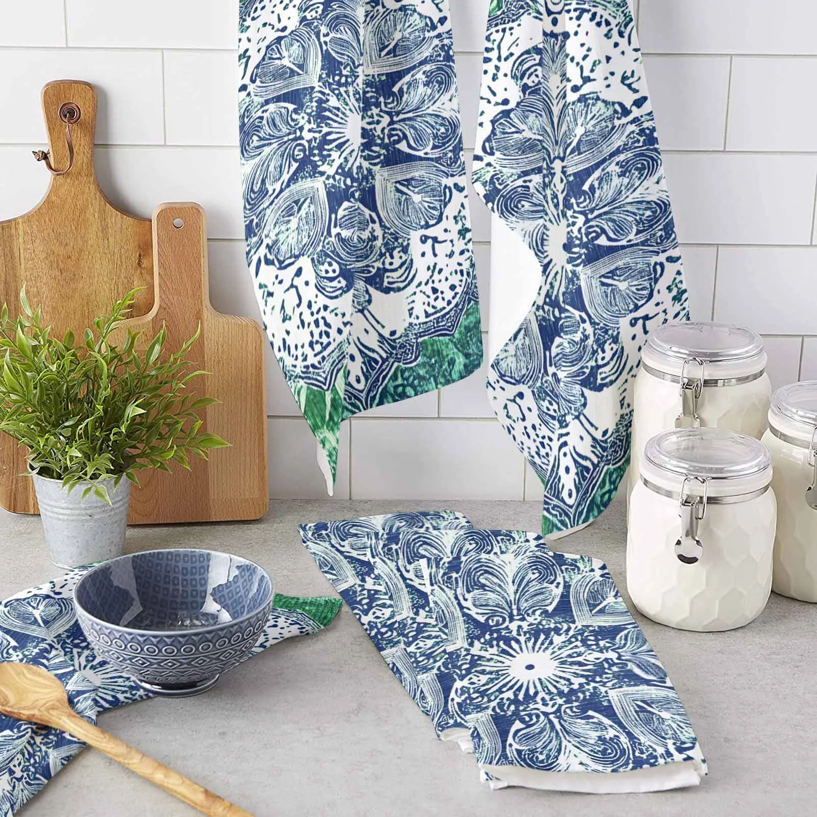 

Green Retro Flowers Microfiber Kitchen Dish Cleaning Tool Towels Absorbent Rag Household Tea Cloth