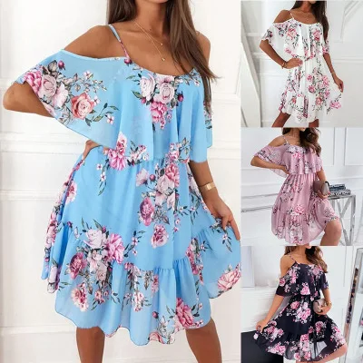 Chiffon Printed Off Shoulder Sexy Fashio Mini Dress For Women Strap Floral Print Ruffles Hollow Out Pink White Beach Dress Y2K