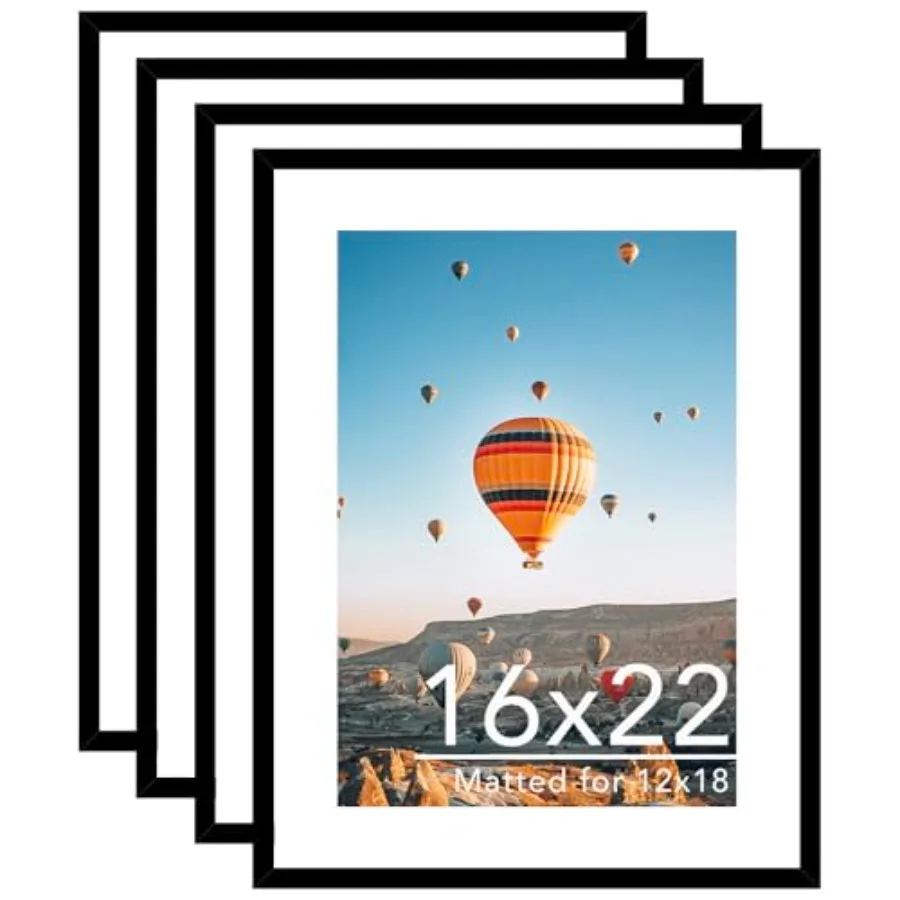 16x22 Picture Frame Set of 4 with 12x18 Mat, Display Photo 12x18 with Mat or 16 x 22 Without Mat, Wall Hanging Large 16 by 22 P