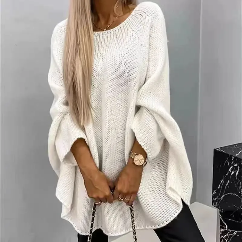 

Sweater Tops Elegant O-neck Cloak Style Women Sweater with 3/4 Sleeves Loose Fit Knitting Top for Breathable Comfort Solid Color