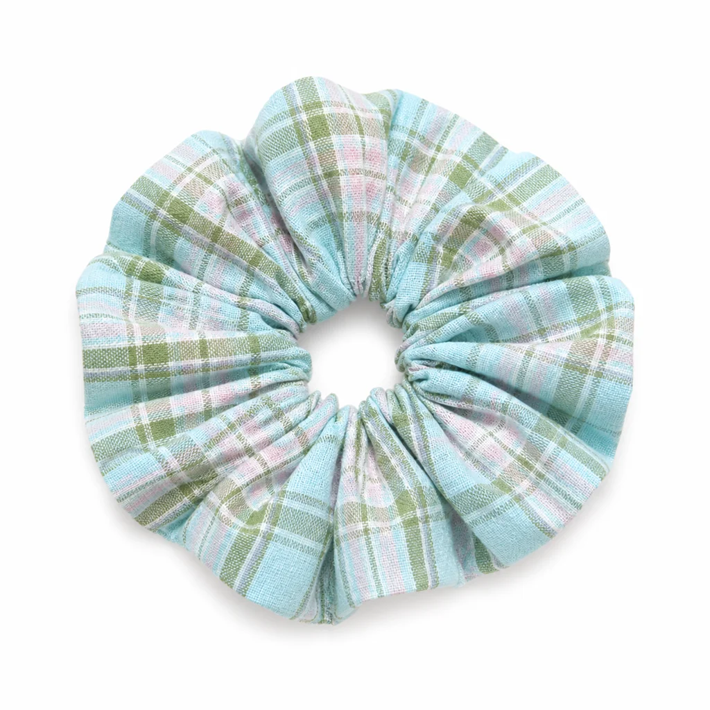 pastel-aqua-garden-plaid-single-layer-scrunchie-handmade-hair-tie-for-women