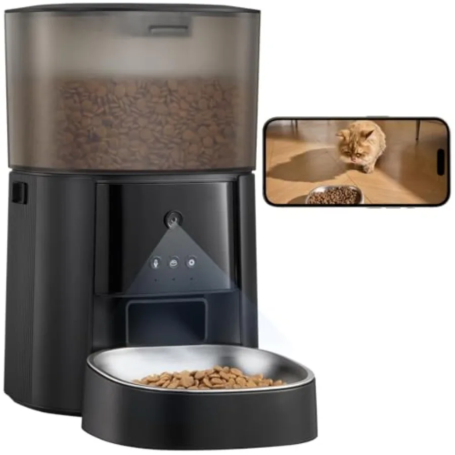 Automatic cat feeder with camera voice interaction/app control 4L dry food dispenser for cats dogs stainless steel gray freshne