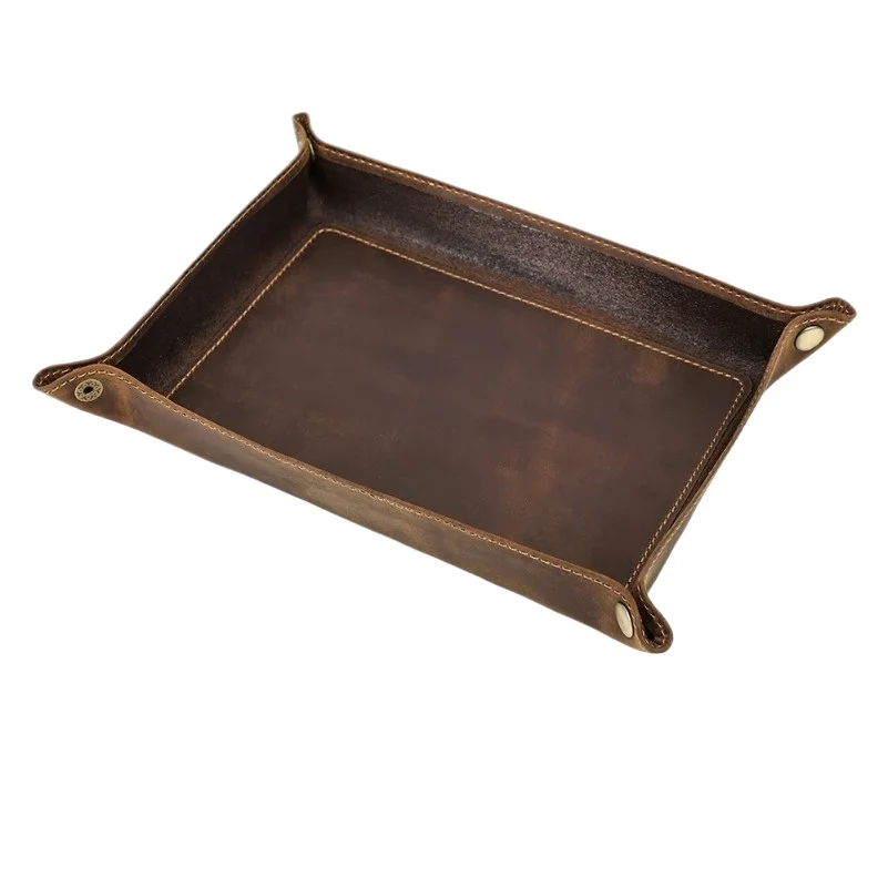 

Crazy Horse Leather Tray Desk Organizer for Cosmetics Jewelry Sundries Storage Keys Plate Folding Storage Home Decoration