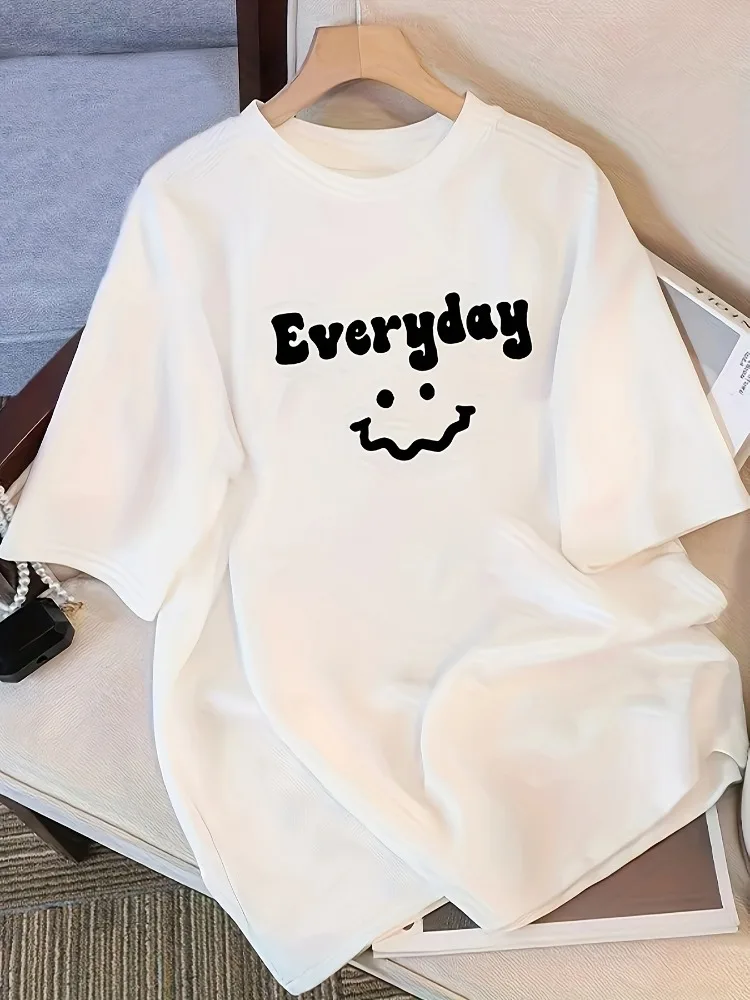 Cute Letters Everyday Smiley Face Print Pattern Daily Casual Short-Sleeved Round Neck Summer Women's T-Shirt