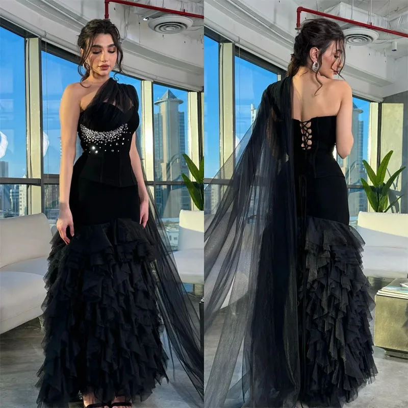 Abito da sera nero elegante monospalla a-line abiti da sera formali a strati con paillettes personalizza abito da festa di fidanzamento 2024