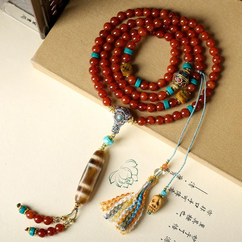 South Red Agate Multi-loop Bracelet with Yellow Two-Eyed Dzi Beads and Nepalese Accessories for Women