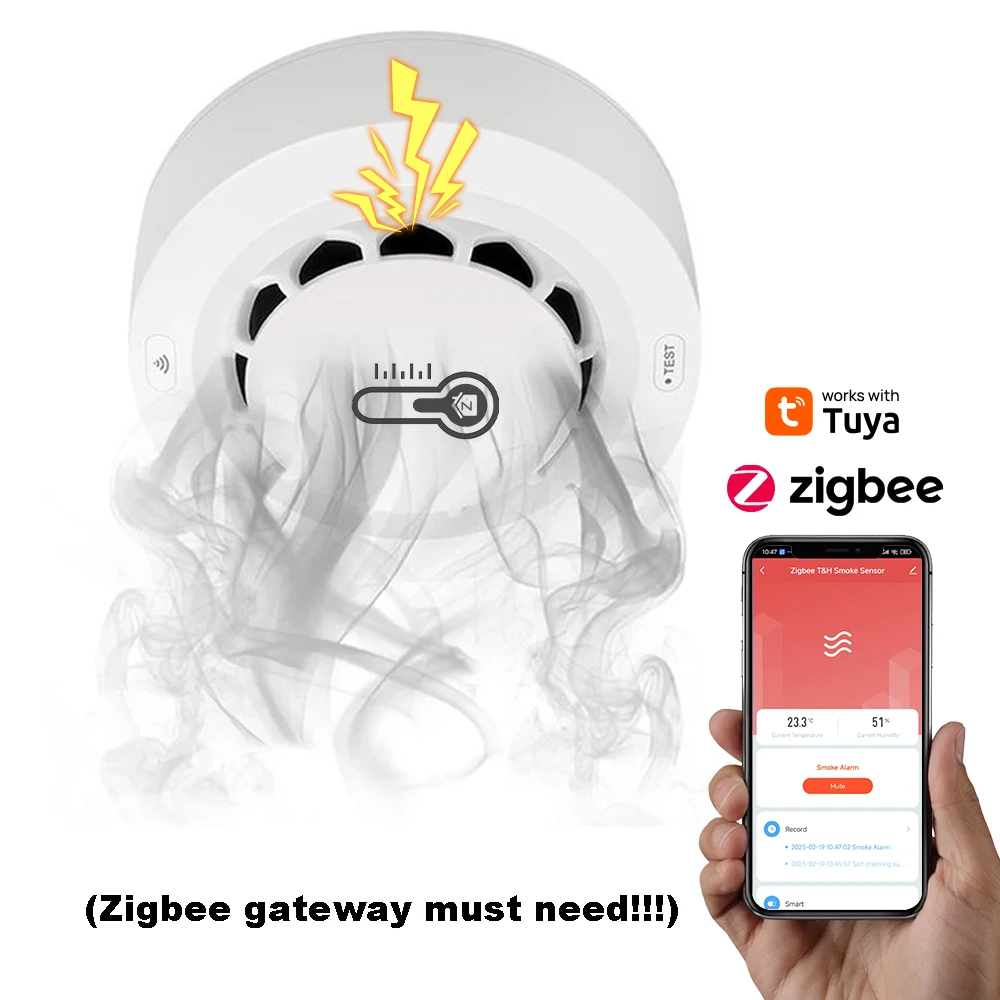 Tuya WiFi of Zigbee Rookmelder met temperatuur-vochtigheidsdetectie 3-in-1 Ondersteuning 80dB Geluidsalarm Afstandsbediening Push Alert-functie