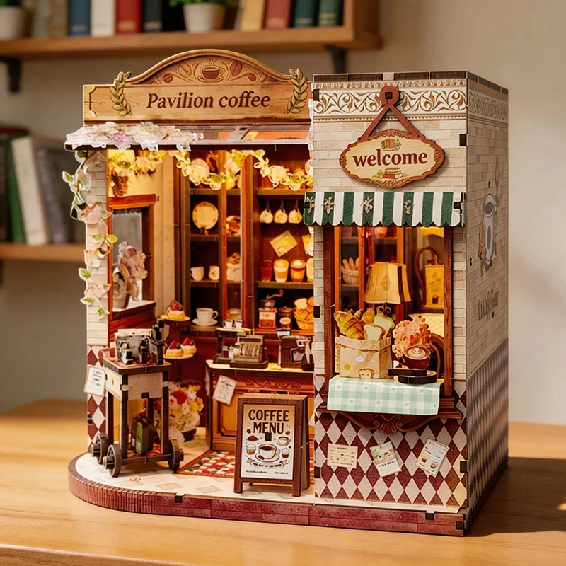 DIY Model Kits Pavilion Coffee Casa 3D Puzzle Wooden Miniature Dollhouse With Furniture Lights for Friends Birthday Gifts view 4