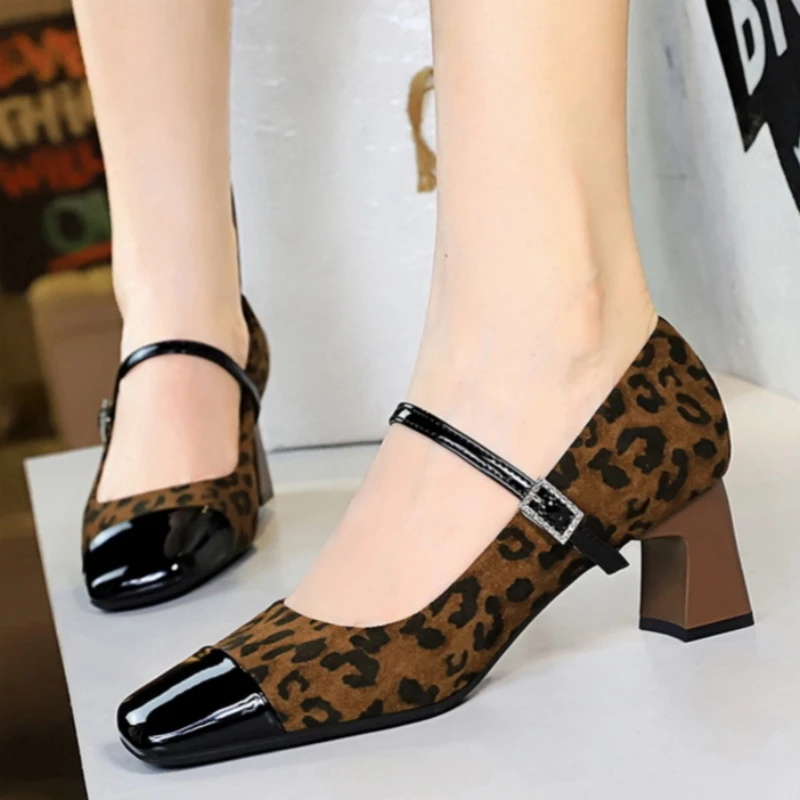 

BIGTREE Spring Leopard Print Buckle Women's Pumps Square Toe Stripper Party Vintage Concise Splice Ladies Shoes Zapatos Mujer