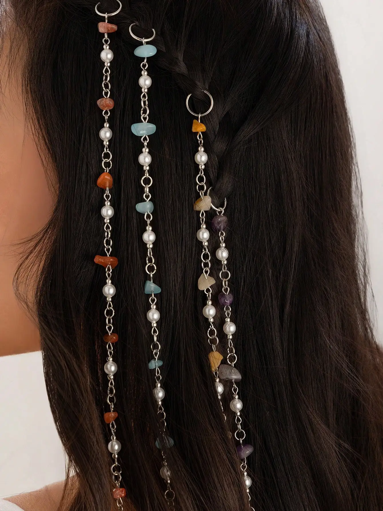 

3pcs Vintage Bohemian Style Multicolor Crystal Bead Asymmetrical Shape Hair Accessories, Seashell Decorated Hair Chain, Hippie