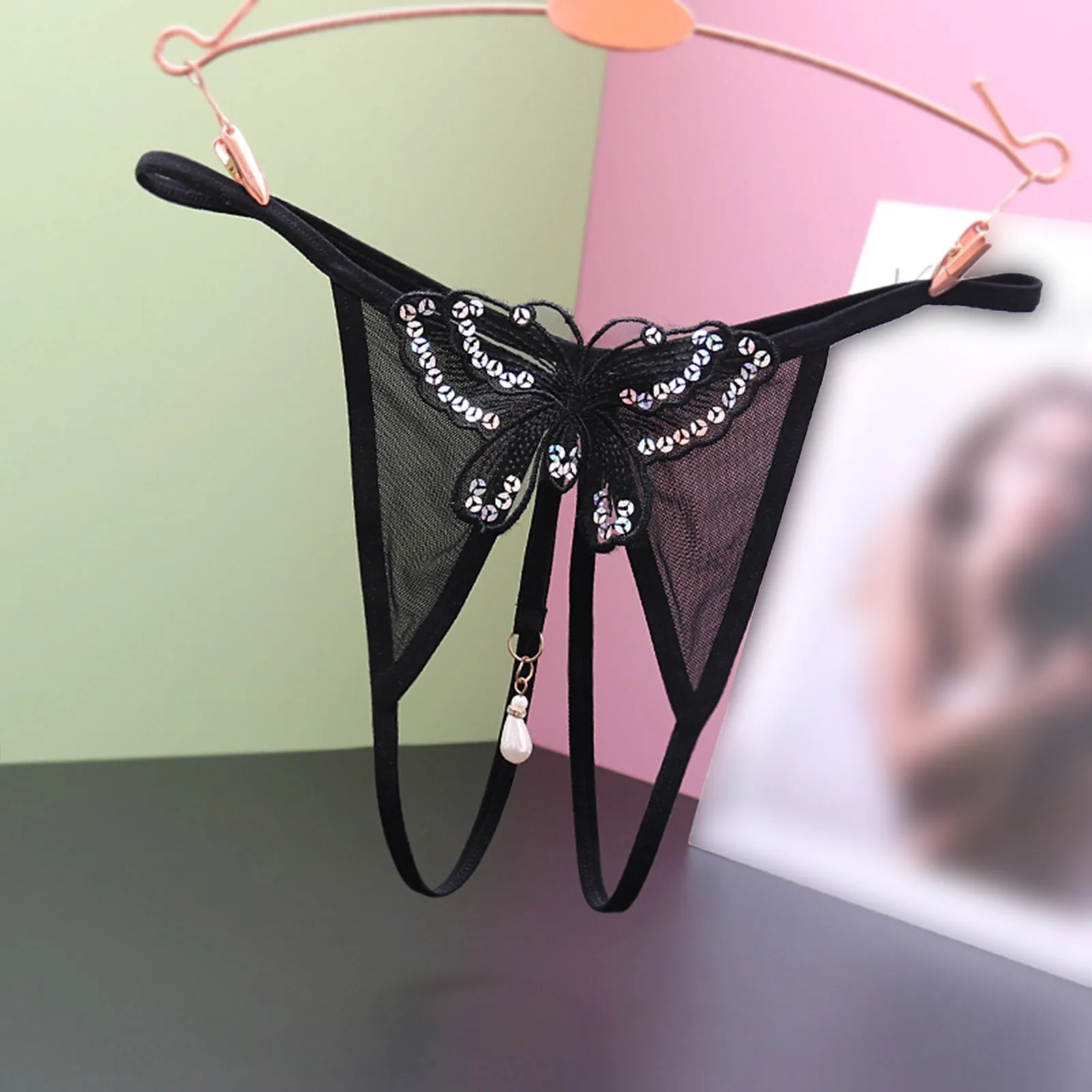 Women Sexy Panties Female Embroidered Hollow Butterfly Sexy Low Waist Underpants Open Cut Pearl Massage Thong Panties G-Strings