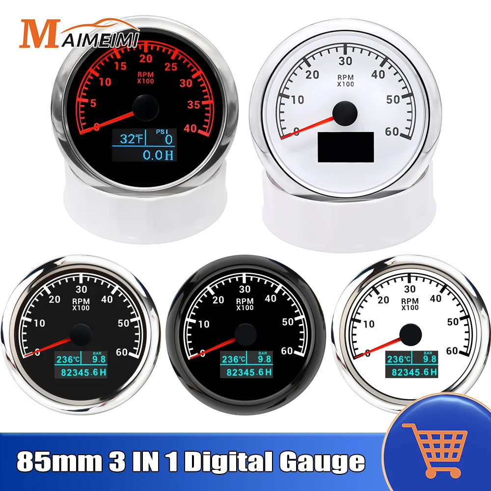 85mm 3000-8000rpm Tachometer +Water Temperature Gauge +Oil Pressure Meter 7 Color Backlight For Car Marine Boat 12V 24V