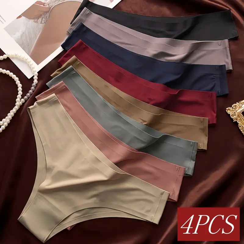 4 pçs/set calcinha sem costura feminina sexy roupa interior de seda gelo cintura baixa g-string feminino macio sólido ultra-fino cuecas