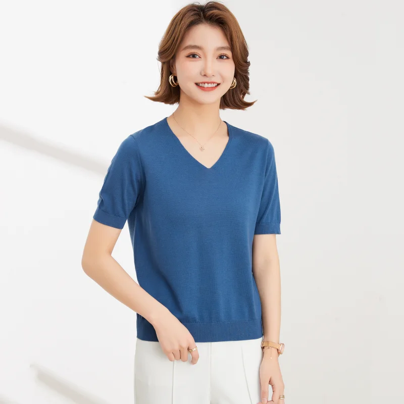 WinvyNee Women 100% Wool Sweater Short Sleeve V neck Summer Sweaters Solid Knitwear Pullover Basic Female Tops Autumn A1013003