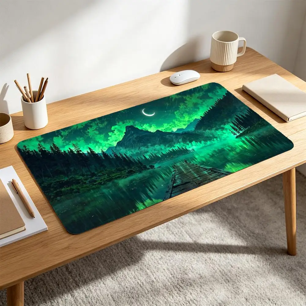 Fantasy Mountain Lake Forest Desk Pad Rubber Mousepad Green Aurora Crescent Moon Mist Water Reflection Pier Large Gaming Mat