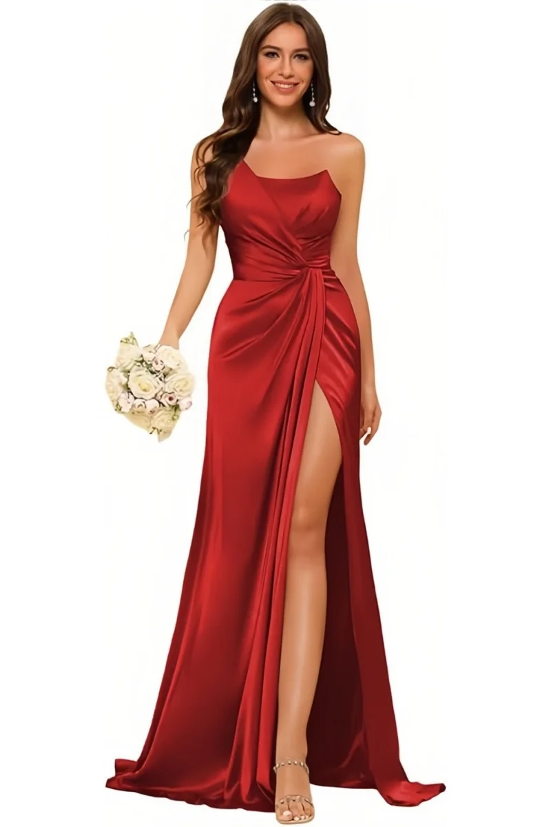 Women's One Mermaid Satin Bridesmaid Dress with Slit Long Bodycon Formal Prom Dresses for Teens Guest Evening Gown image 5