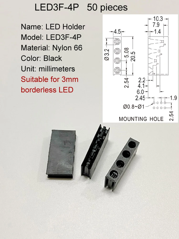 Rechteckige feste Basis aus schwarzem Kunststoff material, geeignet für 3-mm-LED-Halter-Platine mit 90 ° rechtwinkliger Isolation halterung