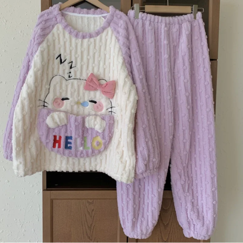 HelloKitty winter pajamas pure cotton warm loose thickened round neck casual two-piece set Sanrio loungewear set women's pajamas