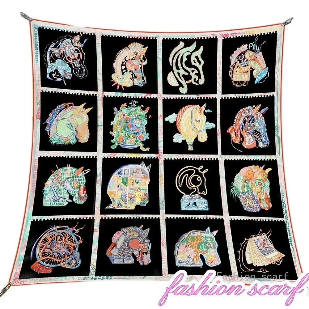 90CM Twill New Horse Prism Women\'s Decorative Shawl Large Square Scarf Headscarf Scarf Frame Painting Silk Scarf Wholesale
