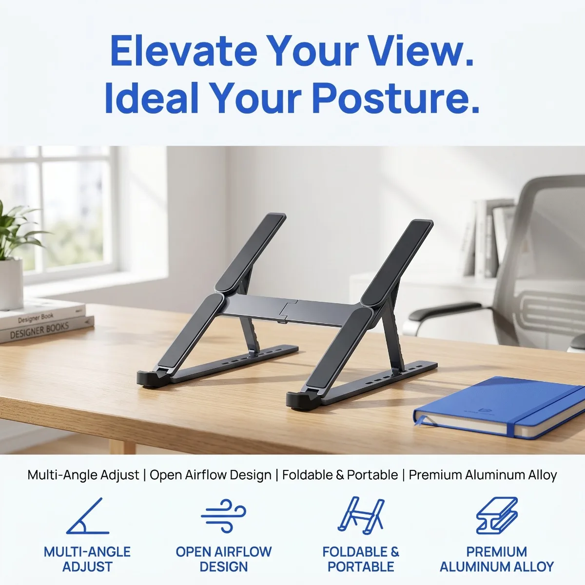 Foldable Laptop Stand, Easy To Install, Suitable for 10-16 Inch Tablets and Laptops, with 5 Adjustable Angles, Ergonomic Design