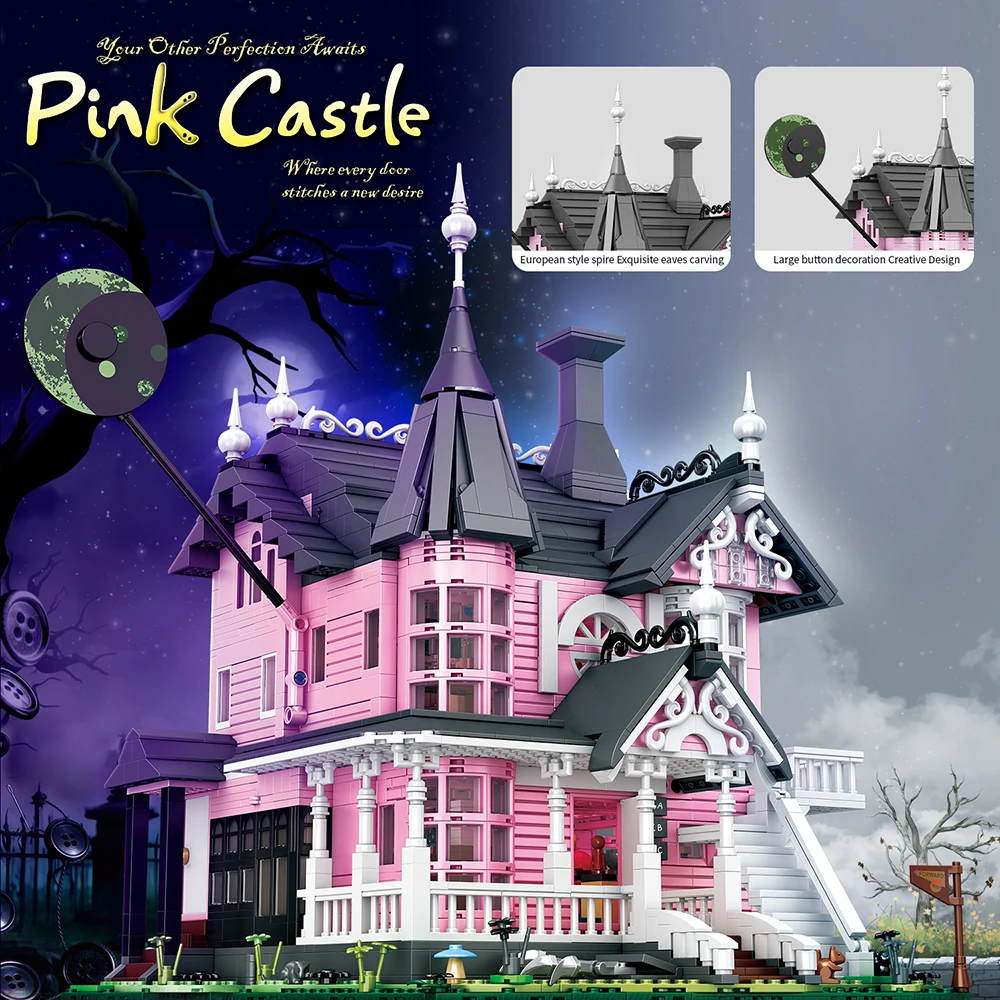 2826 Teile Klemmbausteine Haus Gotik Rosa Schloss Architecture Häuser Bausteine Modell Bausatz, Film Geistermutter Stadthaus Architektur Gebäude House Modular Building Set für Erwachsene und Kinder