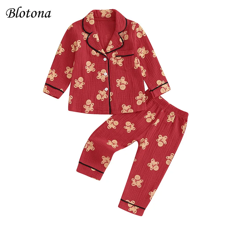 

Blotona Kids Girls Pajamas Set Toddler Christmas Cartoon Print Lapel Collar Shirt and Elastic Waist Pants Nightwear Homewear