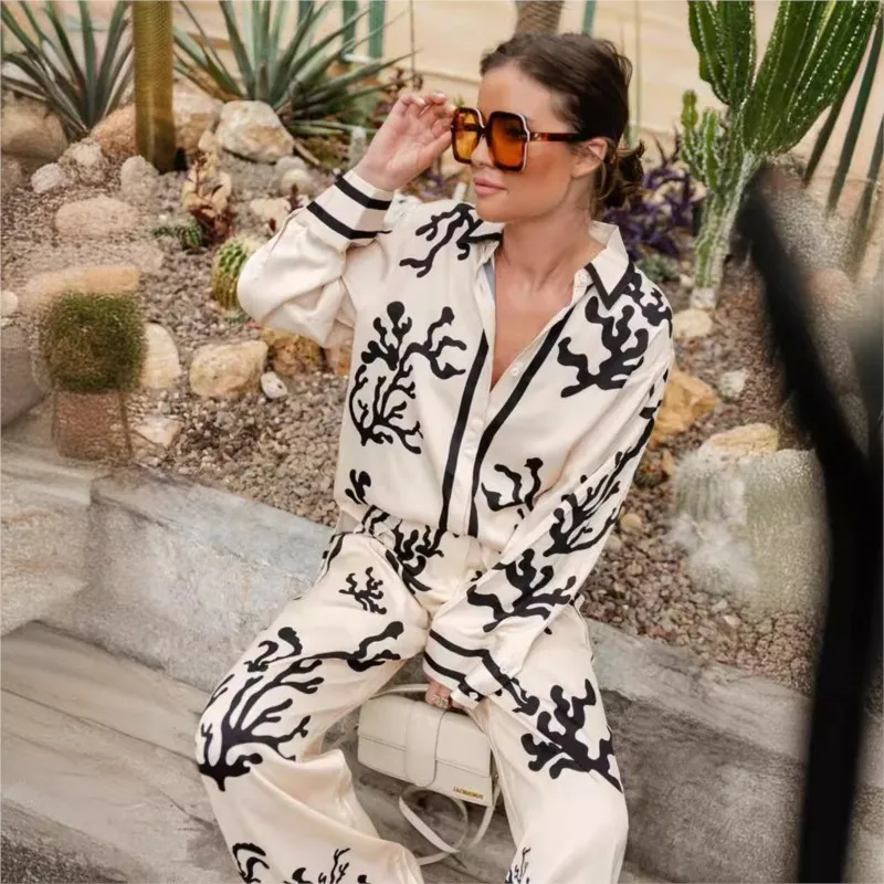 

Autumn Print Pants Sets For Women Fashion Temperament Long Sleeve Shirts Wide Legs Trousers Two Piece Set Trendy Female Clothing