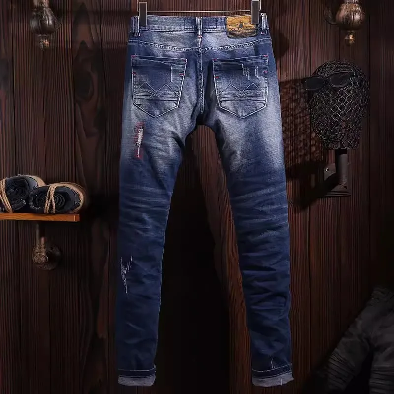 Pantalones vaqueros rasgados elásticos de alta calidad para hombre, Jeans Vintage de diseñador bordado, ropa de calle a la moda, azul Retro