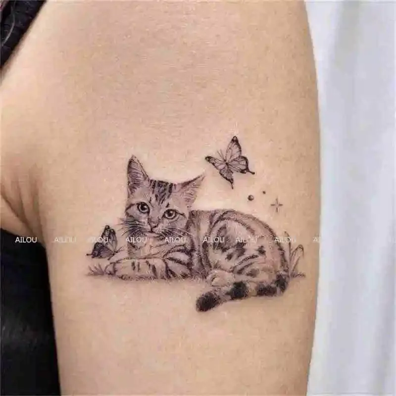 Tatuajes temporales de mariposa de gato de dibujos animados para mujeres y hombres, tatuaje de clavícula, brazo impermeable, pegatina de gatito, arte duradero, tatuaje falso