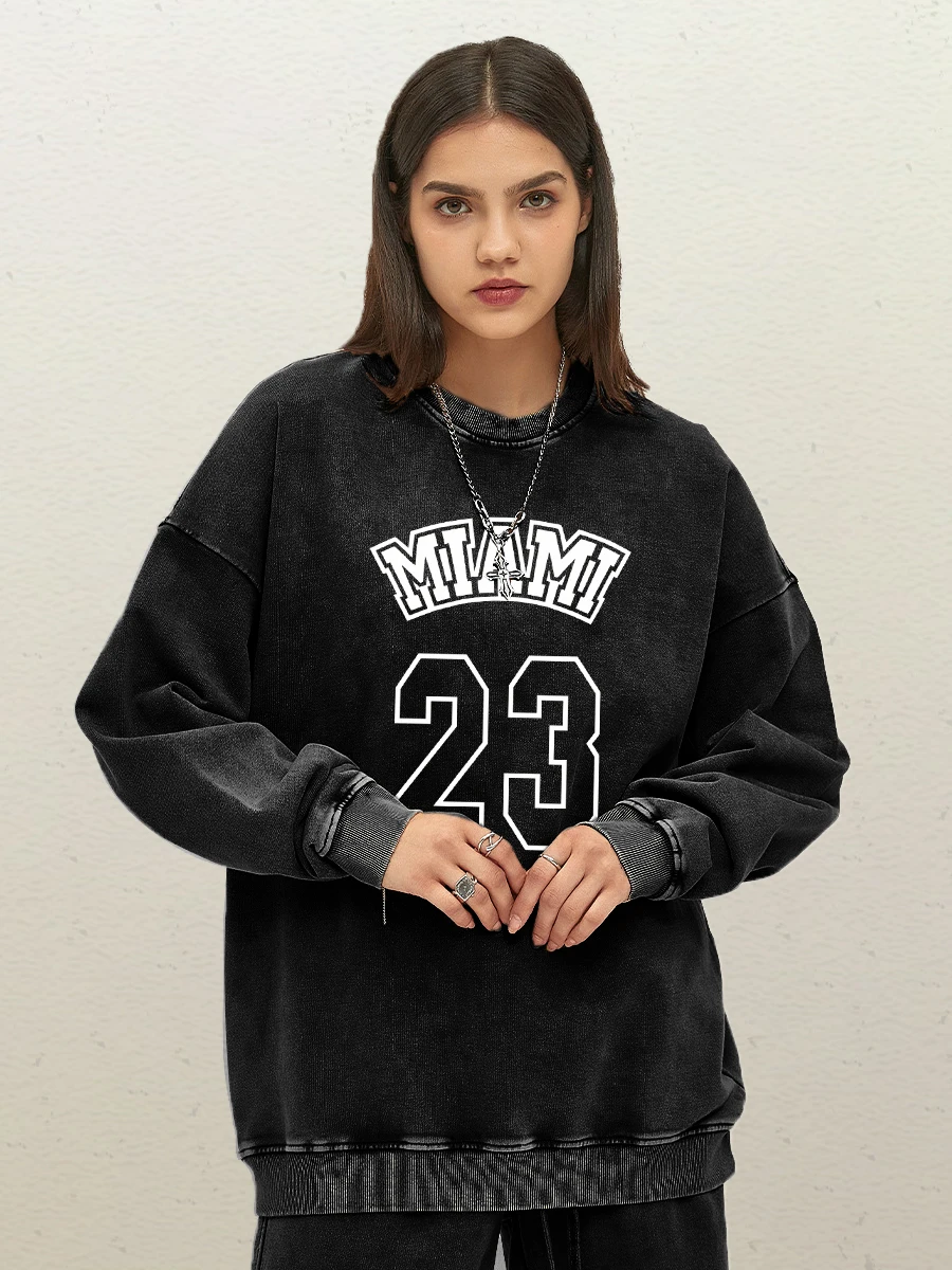 Miami 23 Letter Pattern Women Washed Cotton Streetwear Simple Casual Pullover Autumn Couple Tops Comfortable Y2K Clothes