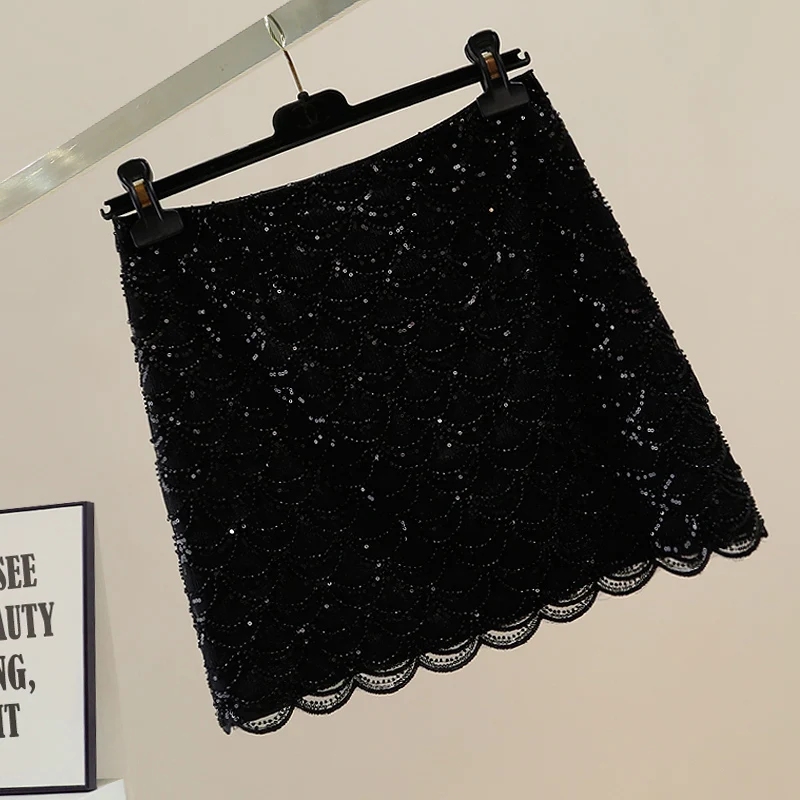 Heavyweight Beaded Design Asymmetrical Wave Hem A-Line  Skirt Women's High Waist Slimming ort Skirt Commute Sle ...