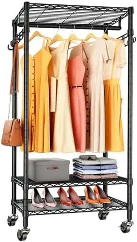 

R1 Rolling Clothing Rack Heavy Duty Garment Rack for Hanging Clothes, Portable Closet Wardrobe with Wheels and Side Hooks, Adjus