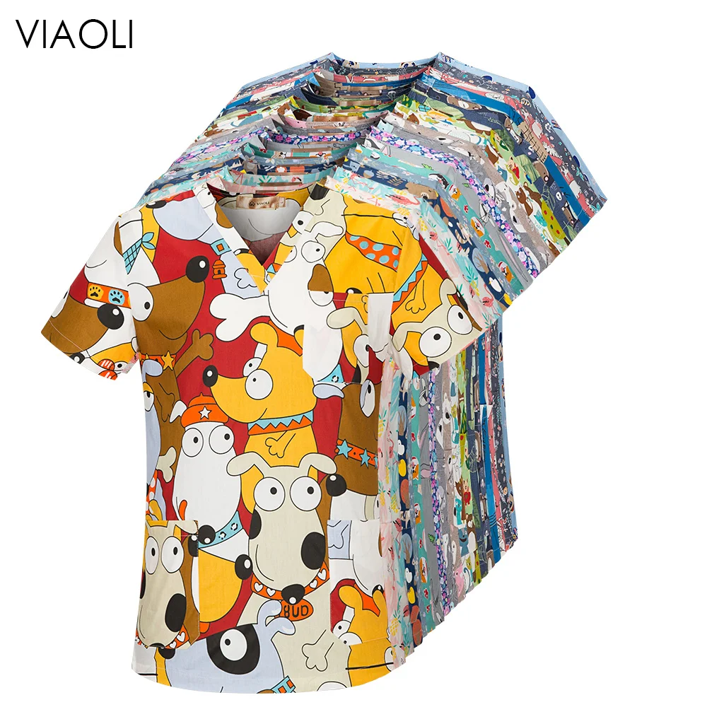 

Viaoli Cotton Cartoon Print Spa Beauty Salon Pet Shop Uniform Fashion Slim Fit Top Scrub Clothes Women Scrubs Lab Coat