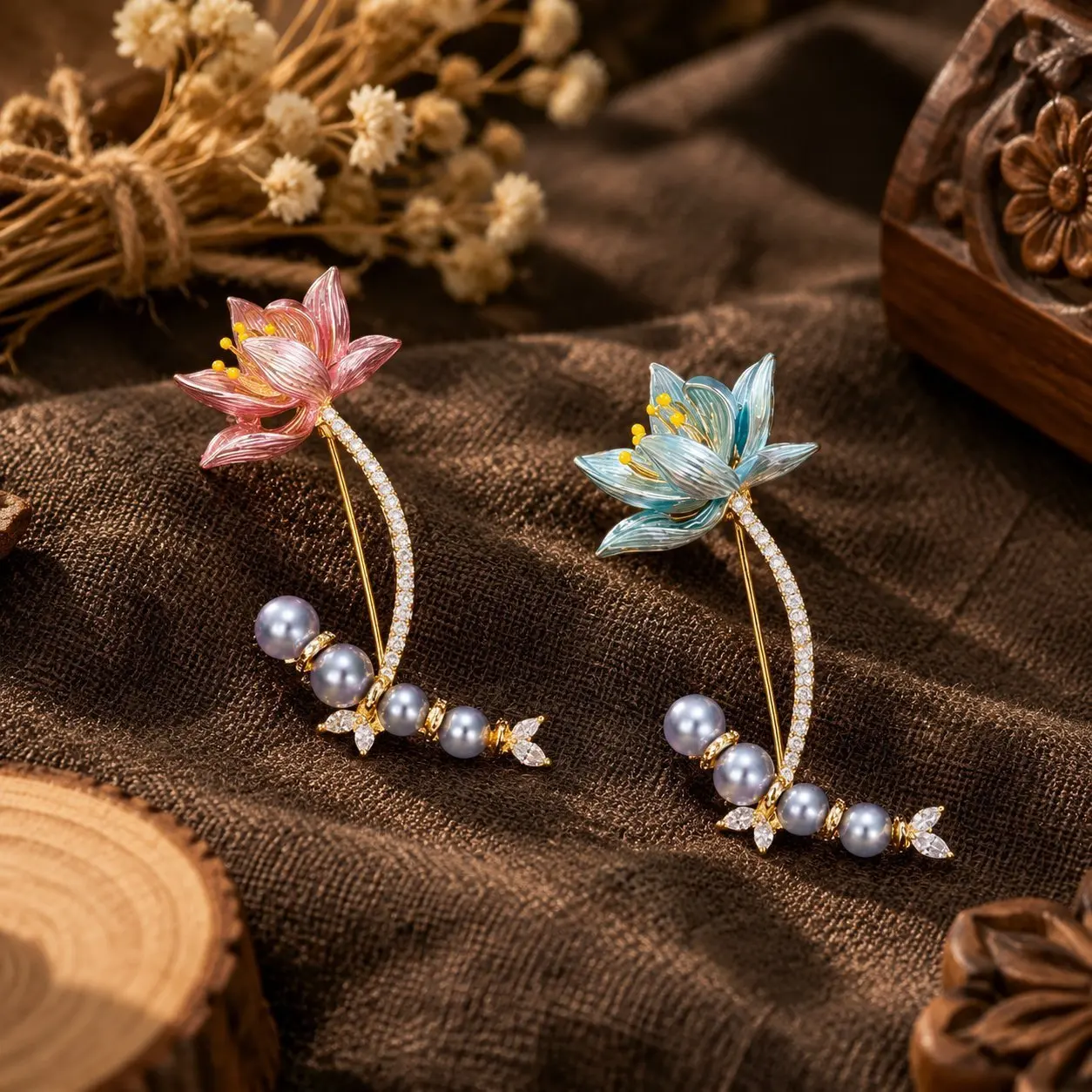 Vintage style lotus shaped brooch, imitation pearl combination accessories, three-dimensional floral craft jewelry wholesale