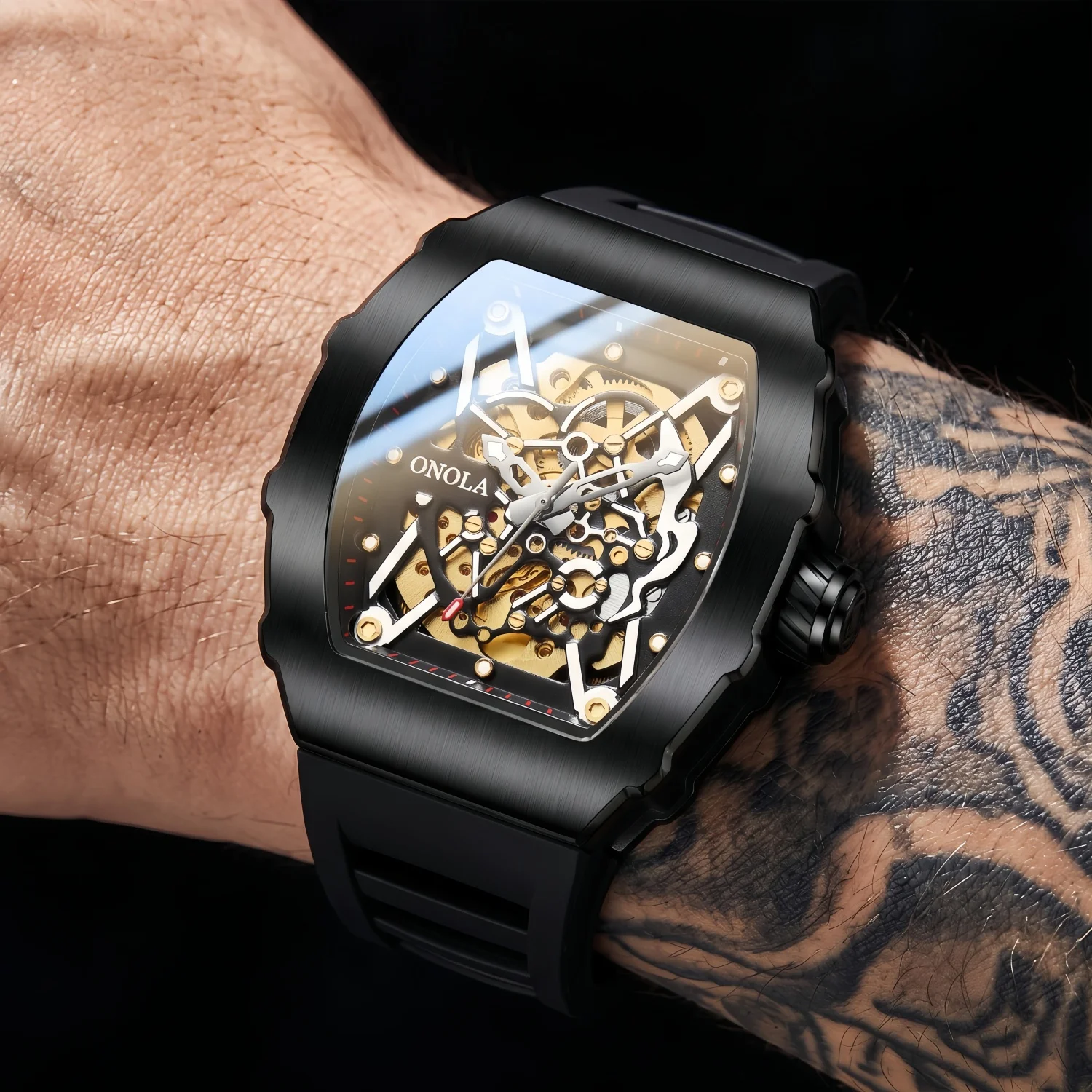 ONOLA men's mechanical watch, alloy case, hollow dial, luminous hands, waterproof function, daily fashionable sports