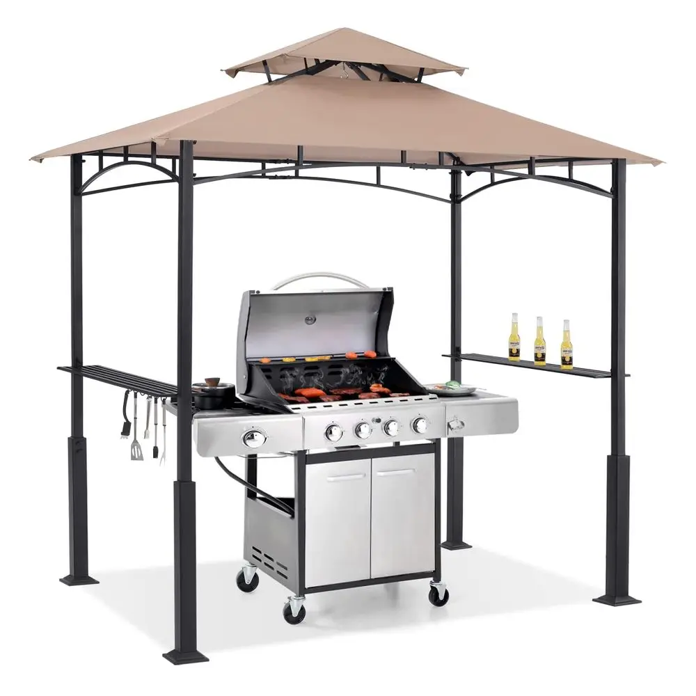 

8x5 Grill Gazebo Outdoor BBQ Canopy Shelter with Led Light for Patio Backyard Grilling Khaki