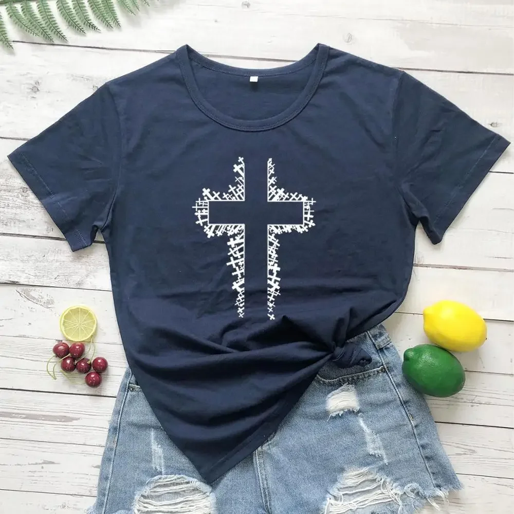 Jesus Cross Women T Shirt Religious Clothes Causal Christian T-shirts Fashion Tops Easter Bible Verse Motivational T-shirt