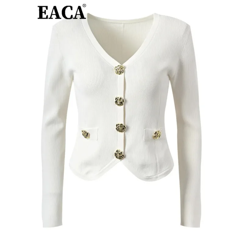 

EACA V-neck Design With Floral Buttons For Slimming Fit, Knitted Cardigan Top For Women's Autumn 2025 Solid Color New Fashion