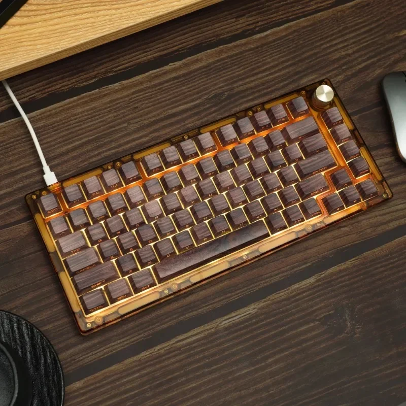 MiFuny Wooden Theme Side-engraved PBT Keycap 130 Key Cherry Original Height Creative Translucent Keycap for Mechanical Keyboard