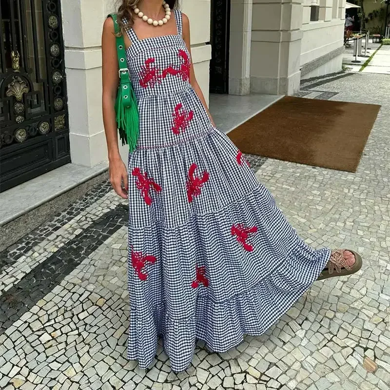 Fashion Printed Spaghetti Strap Long Dress Women Casual Off Shoulder Sleeveless Plaid Robe Large Hem Beach Vacation Vestidos