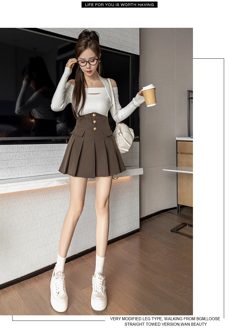 Women's Spring/Summer New Solid Color A-Line Fake Pocket Versatile Single Breasted Pleated Half Skirt