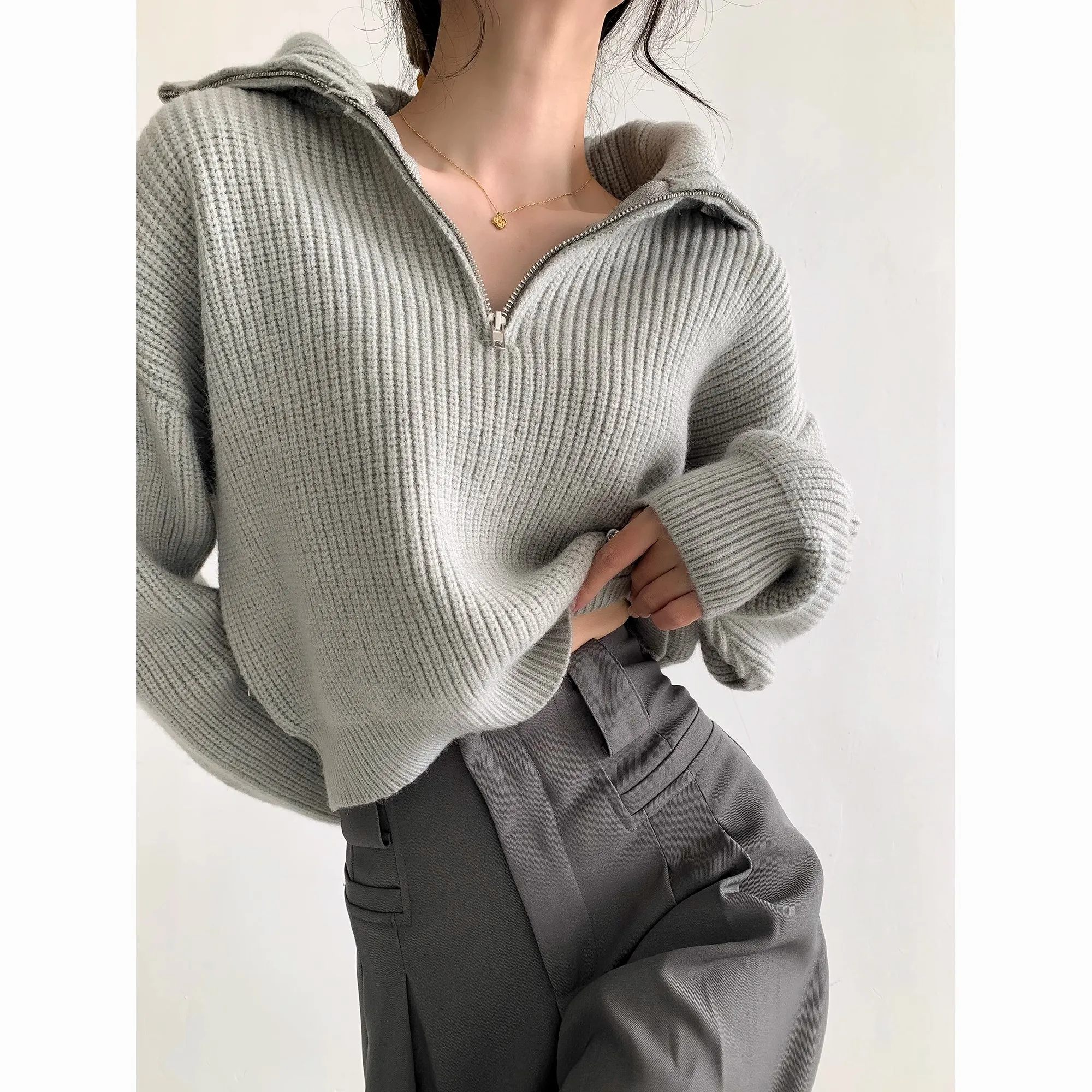 Fashion Thick Turtleneck Zipper Pullover Sweaters Women Loose Long Sleeve Female Solid Knitting Jumpers Autumn Winter