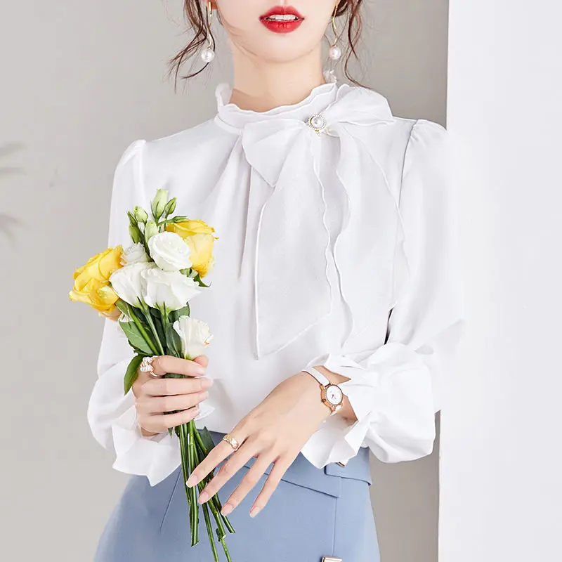 Office Lady 2023 Spring Autumn Solid Color All-match Stand Collar Blouse Fashion Bow Three-dimensional Decoration Ruffles Shirt