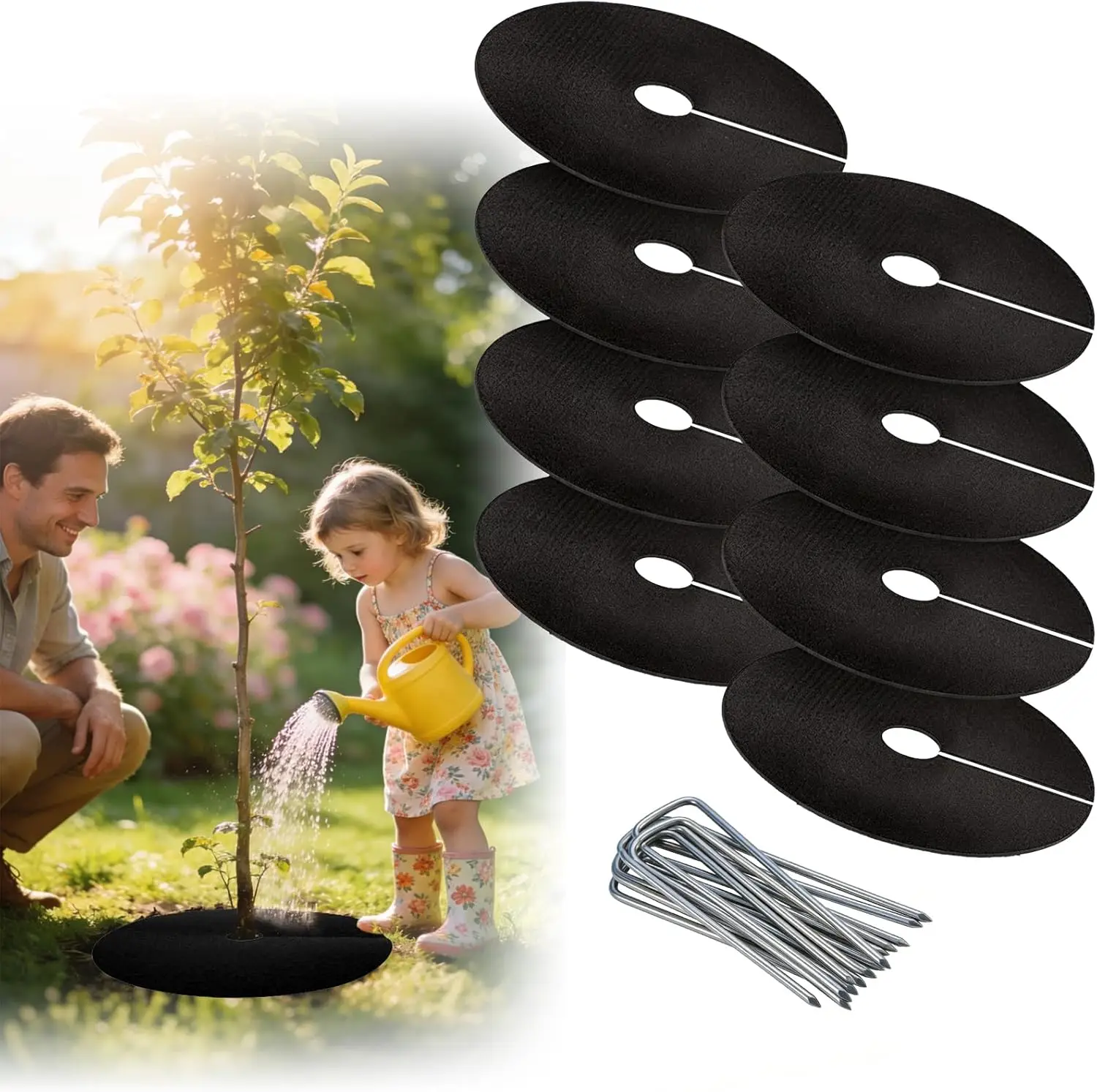 8 Packs Tree Mulch Ring - 32.2 Non-Woven Degradable Landscape Barrier Mat with Stakes, Tree Protector Ring, Barrier