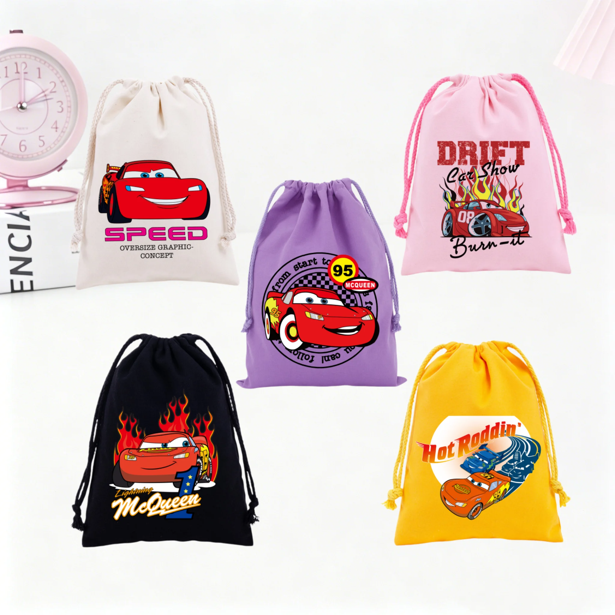 

Cars Lightning McQueen Drawstring Bags Cartoon Anime Character Print Large Capacity Canvas Storage Bag Party Gift Candy Bag