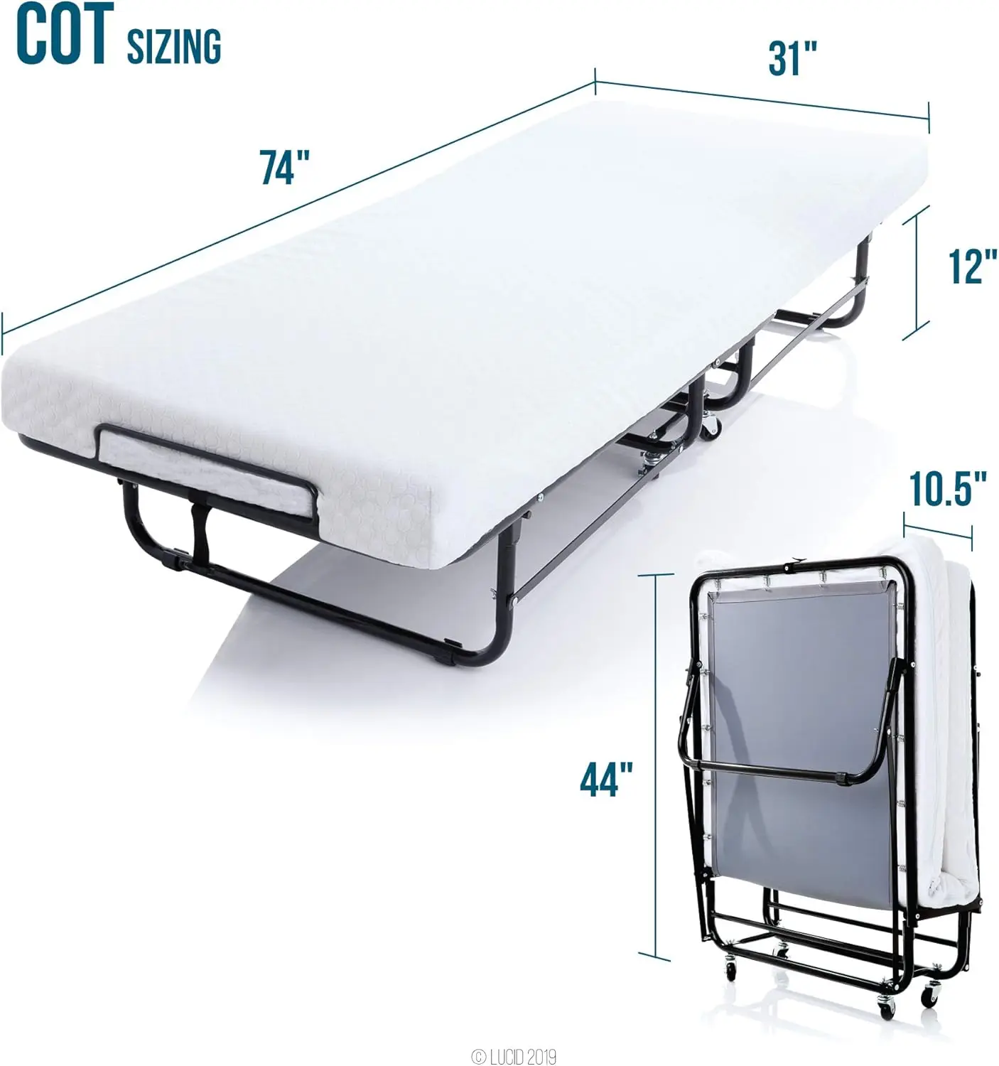 Lucid Rollaway Folding Guest Bed with 4 Inch Memory Foam Mattress- Rolling Cot- Easy Storage-Cot Size Bed