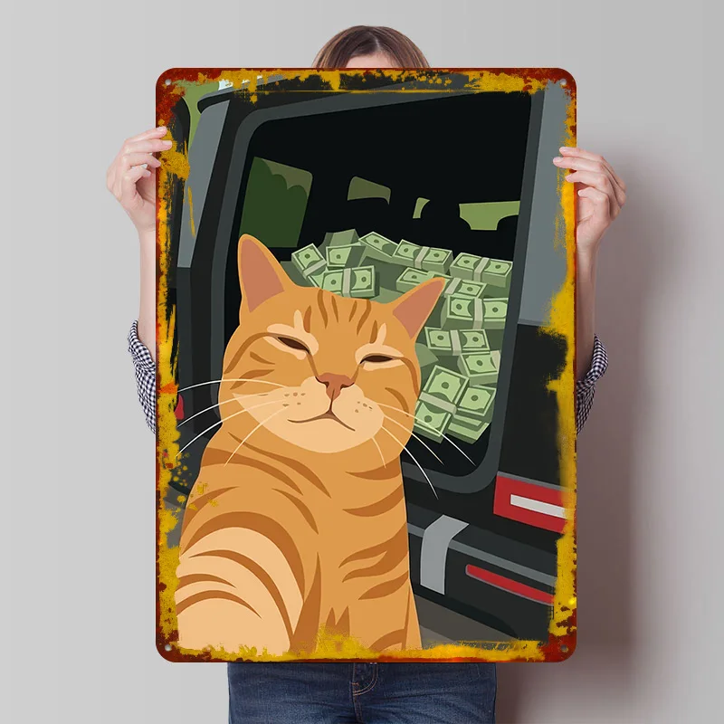 Katze mit Geld im Kofferraum Auto Metallposter Individuelle Wandkunst Retro Vintage Blechschilder für Männerhöhle Ästhetische Raumdekoration Herrenheim