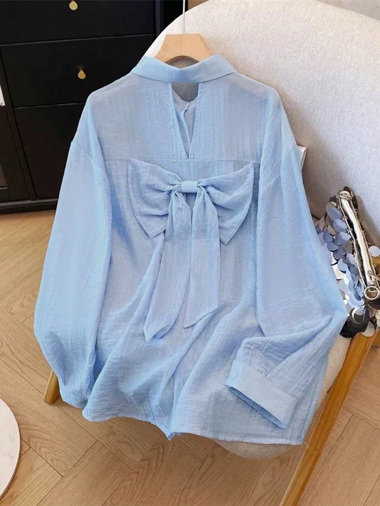Fall 2026 New Arrivals: Women's Casual Solid-Color Openwork Bow-Button Long-Sleeve Shirt—Everyday Relaxed Style image 2