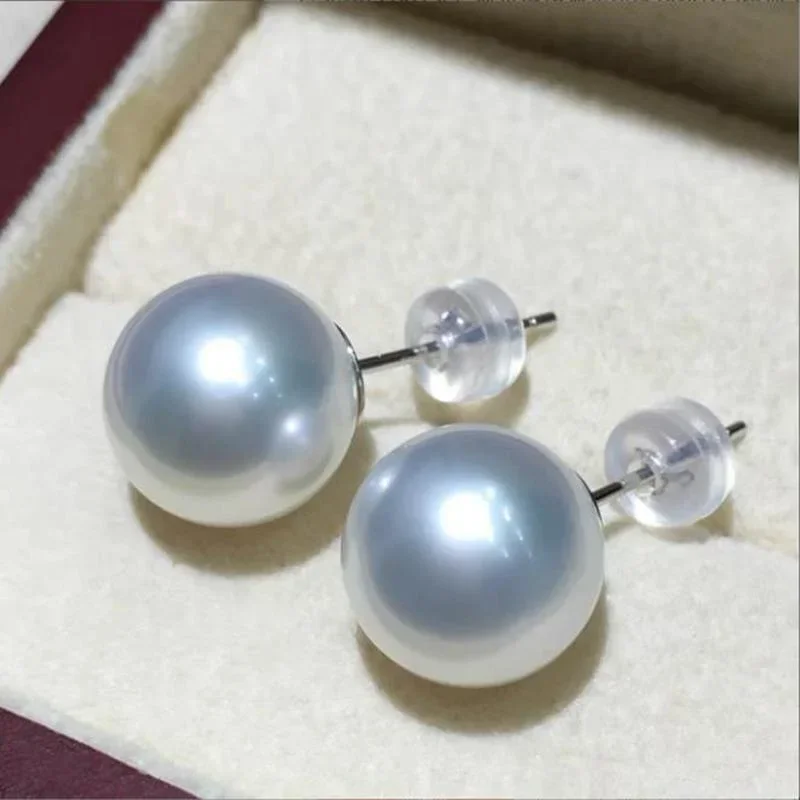 Pair of Natural 13-14mm Genuine White Round Pearl Earrings Wedding Gift Jewelry with Hook