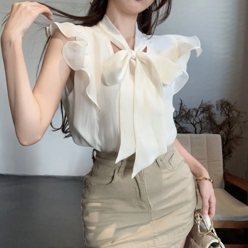 Eenvoudig kantoordame ruches effen chiffon Ropa Mujer Franse stijl all-match tops Uniek literair prachtig nieuw shirt